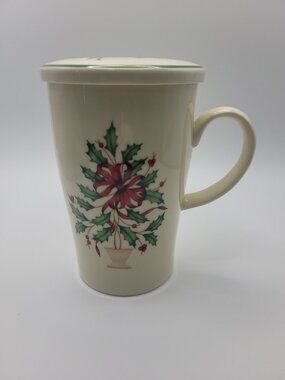 Lenox Holiday Warmest Wishes Mug w/Lid Tall Holly Tree Red Bow 5.5" Christmas